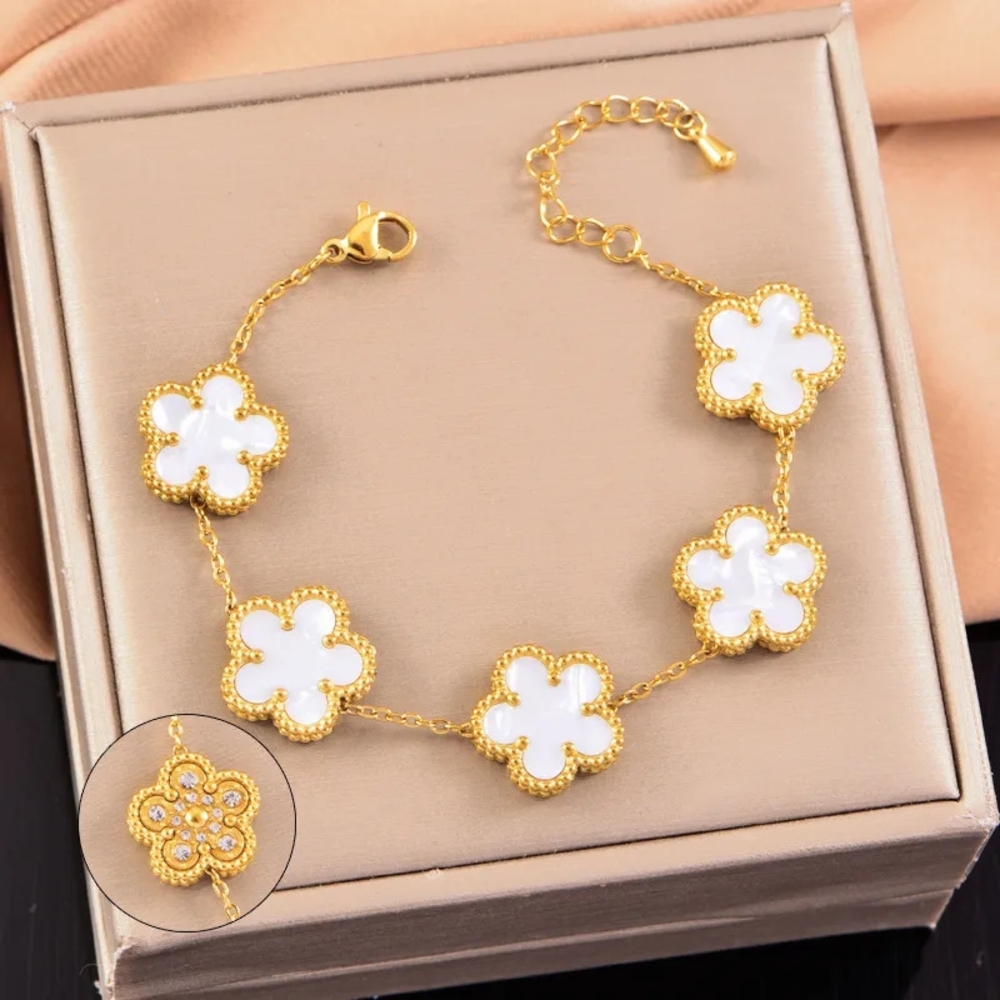 Delicate Gold and White Flower Charm Bracelet